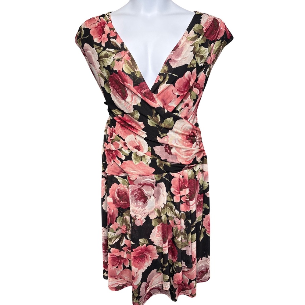NORTHSTYLE Black Pink Floral Ruched‎ Faux Wrap Dress Sz 20W Cap Sleeve Romantic